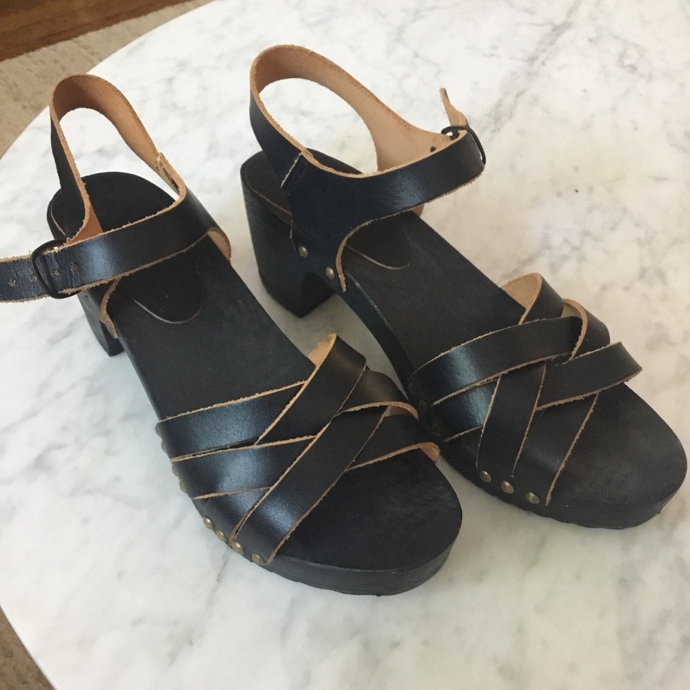 Bosabo Wood Soles Leather Sandals Hand Made size 8.5 Black Sezane